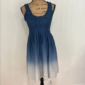 Blue and White Smocked Pleated Midi Sundress